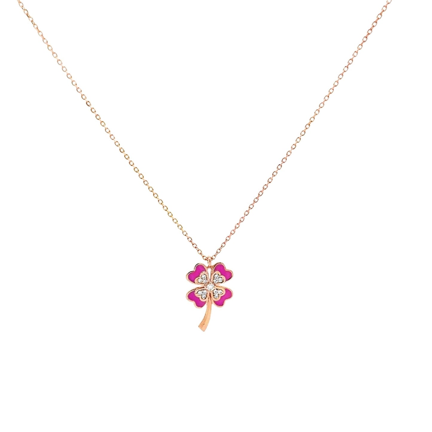 DIAMOND STUDDED PINK CLOVER YELLOW GOLD PENDANT