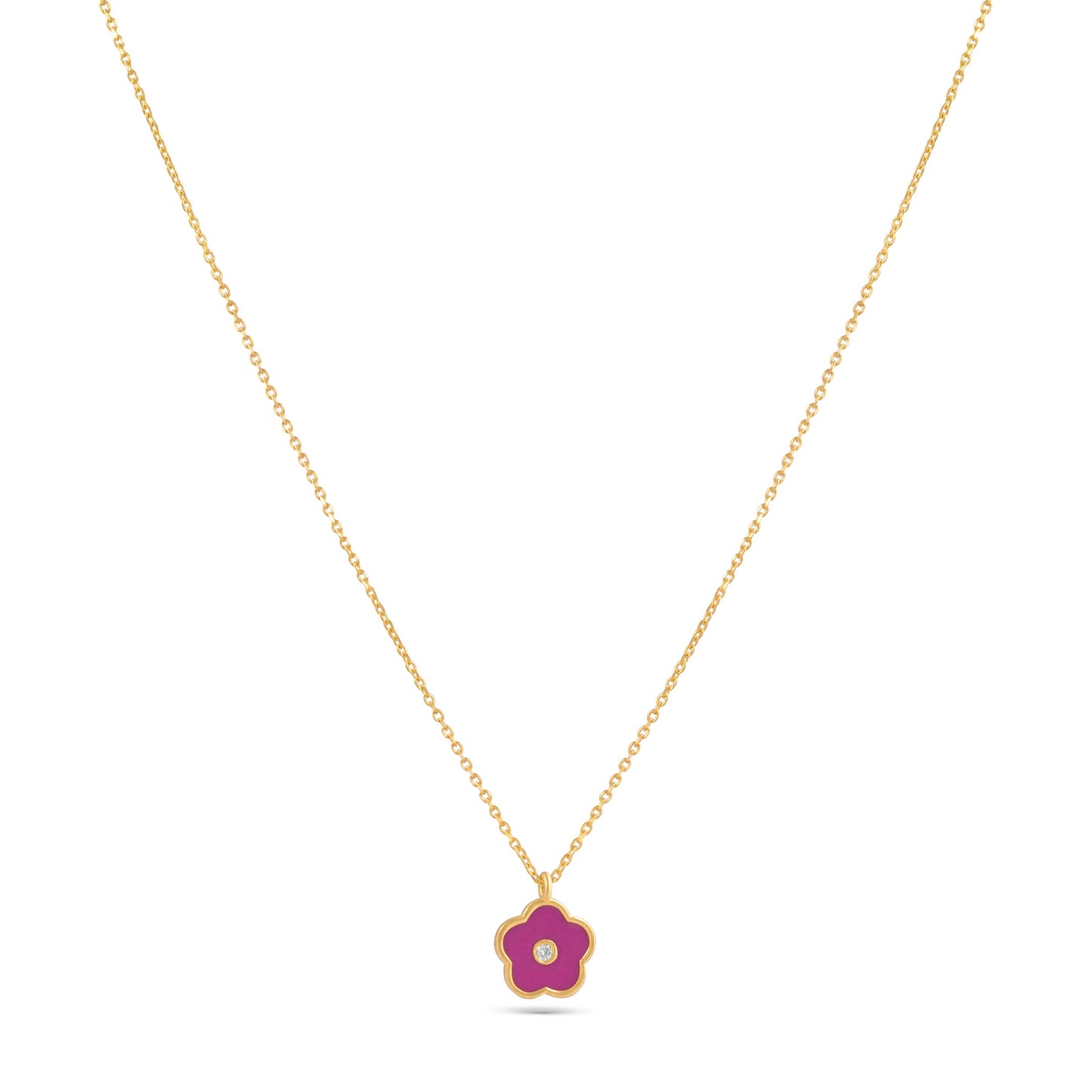 DIAMOND STUDDED PINK FLOWER YELLOW GOLD PENDANT