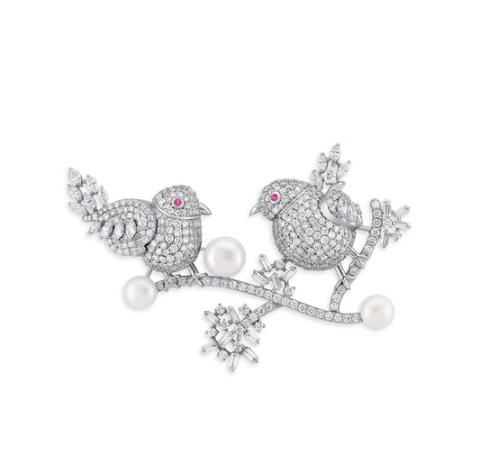 VELOURA FANCY BIRD WHITE GOLD BROACH