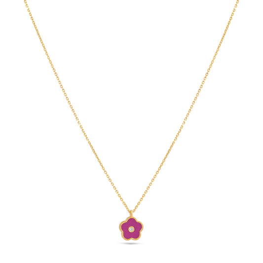 DIAMOND STUDDED PINK FLOWER YELLOW GOLD PENDANT